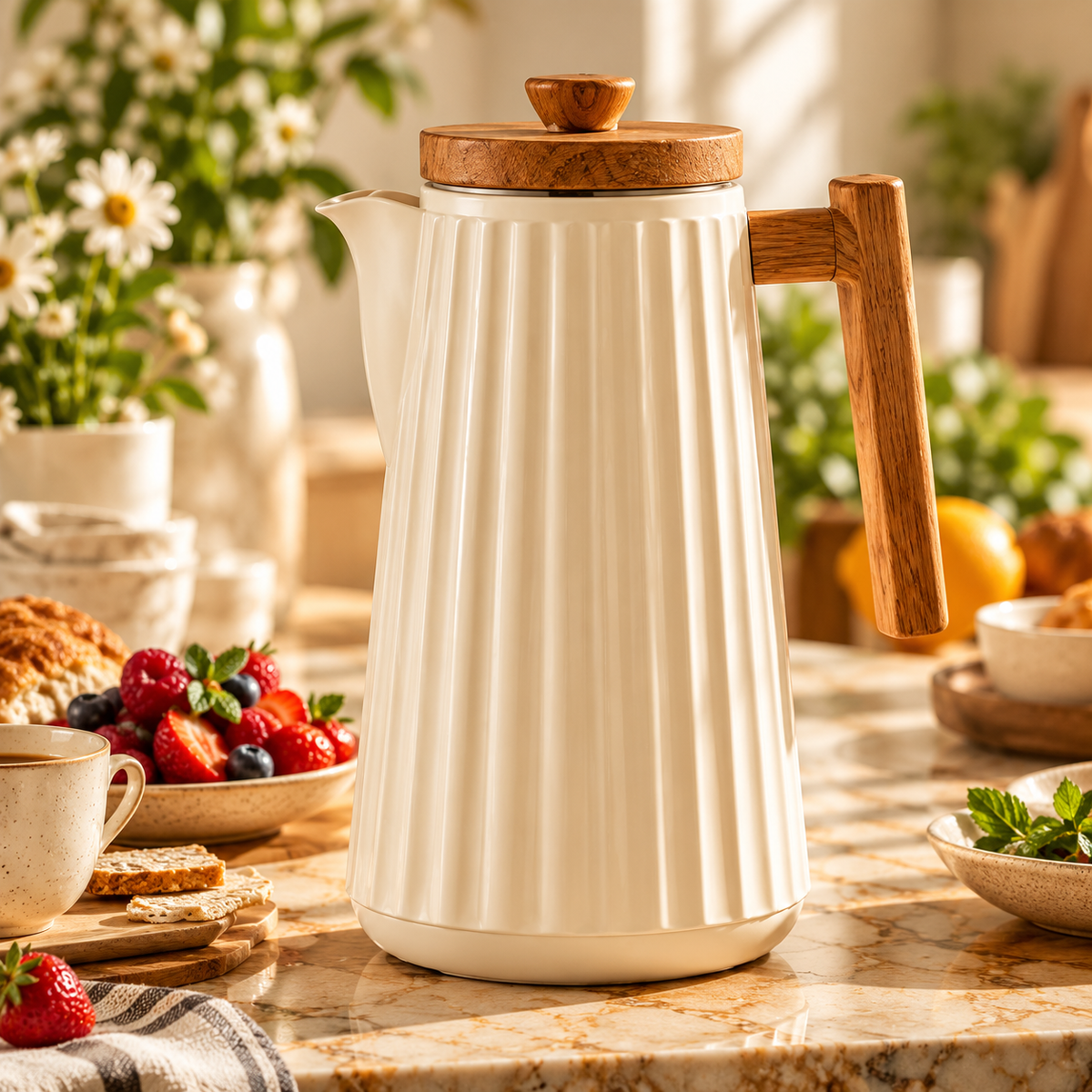 Ivory Ribbed Wood Handle Serving Kettle