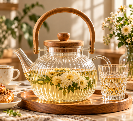 Botanical Glass & Wood Handle Tea Kettle
