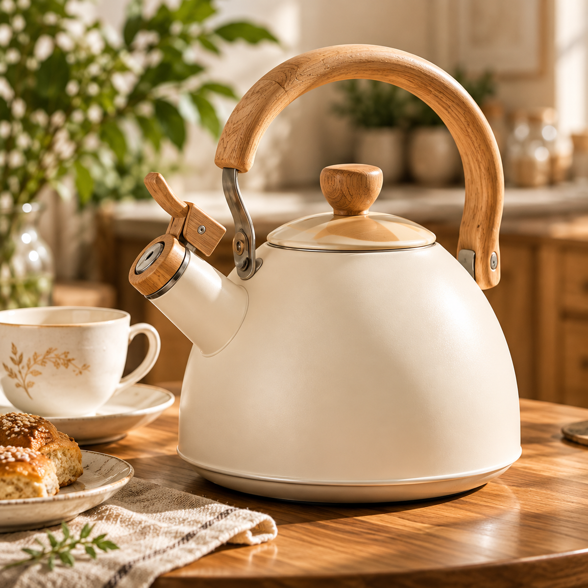 Cream Wood Handle Whistling Kettle