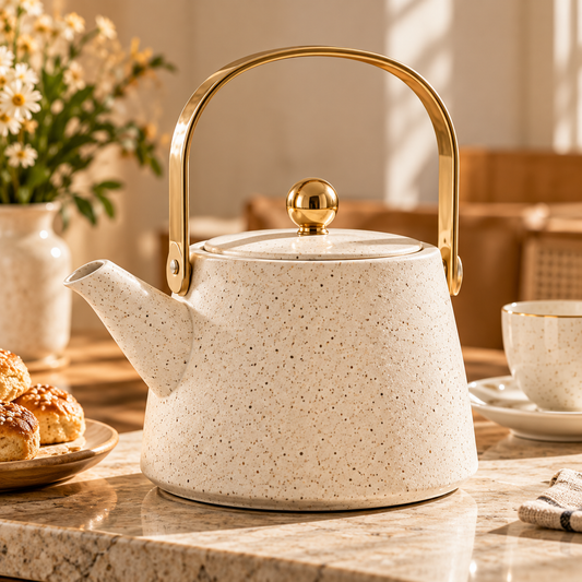 Speckled Ivory Gold Handle Tea Kettle