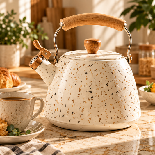 Terrazzo Cream Wood Handle Whistling Kettle