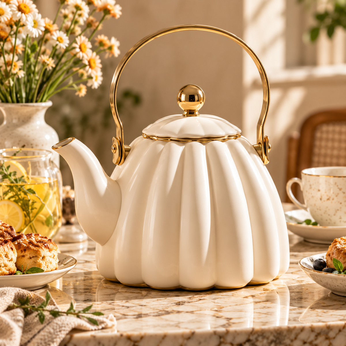 Ivory Pumpkin Gold Handle Tea Kettle