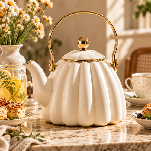 Ivory Pumpkin Gold Handle Tea Kettle