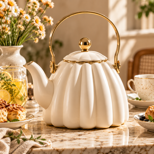 Ivory Pumpkin Gold Handle Tea Kettle