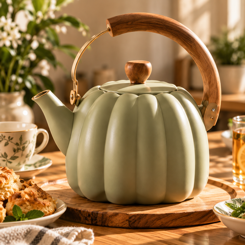 Sage Pumpkin Wood Handle Tea Kettle