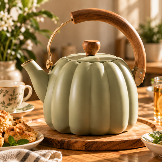 Sage Pumpkin Wood Handle Tea Kettle